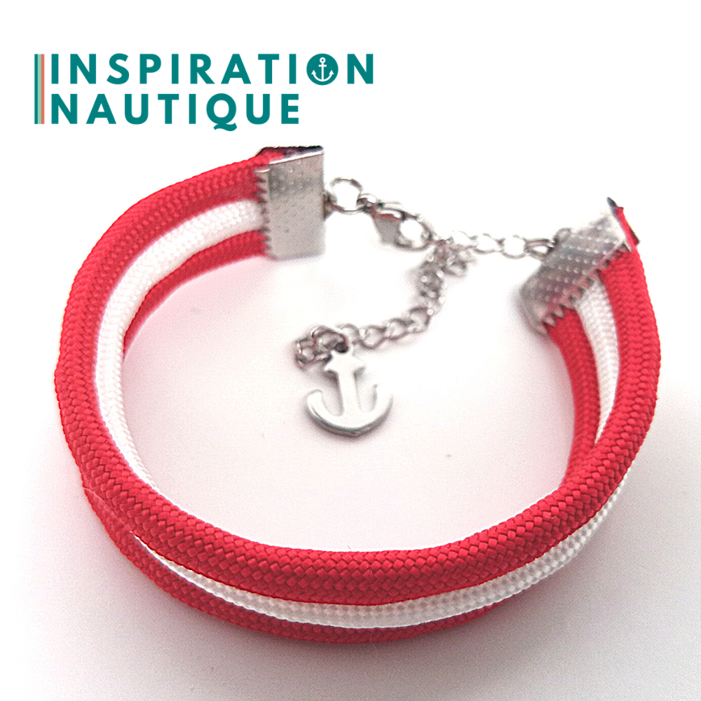 Bracelet marin triple rayures en paracorde 550 et acier inoxydable, Rouge et blanc