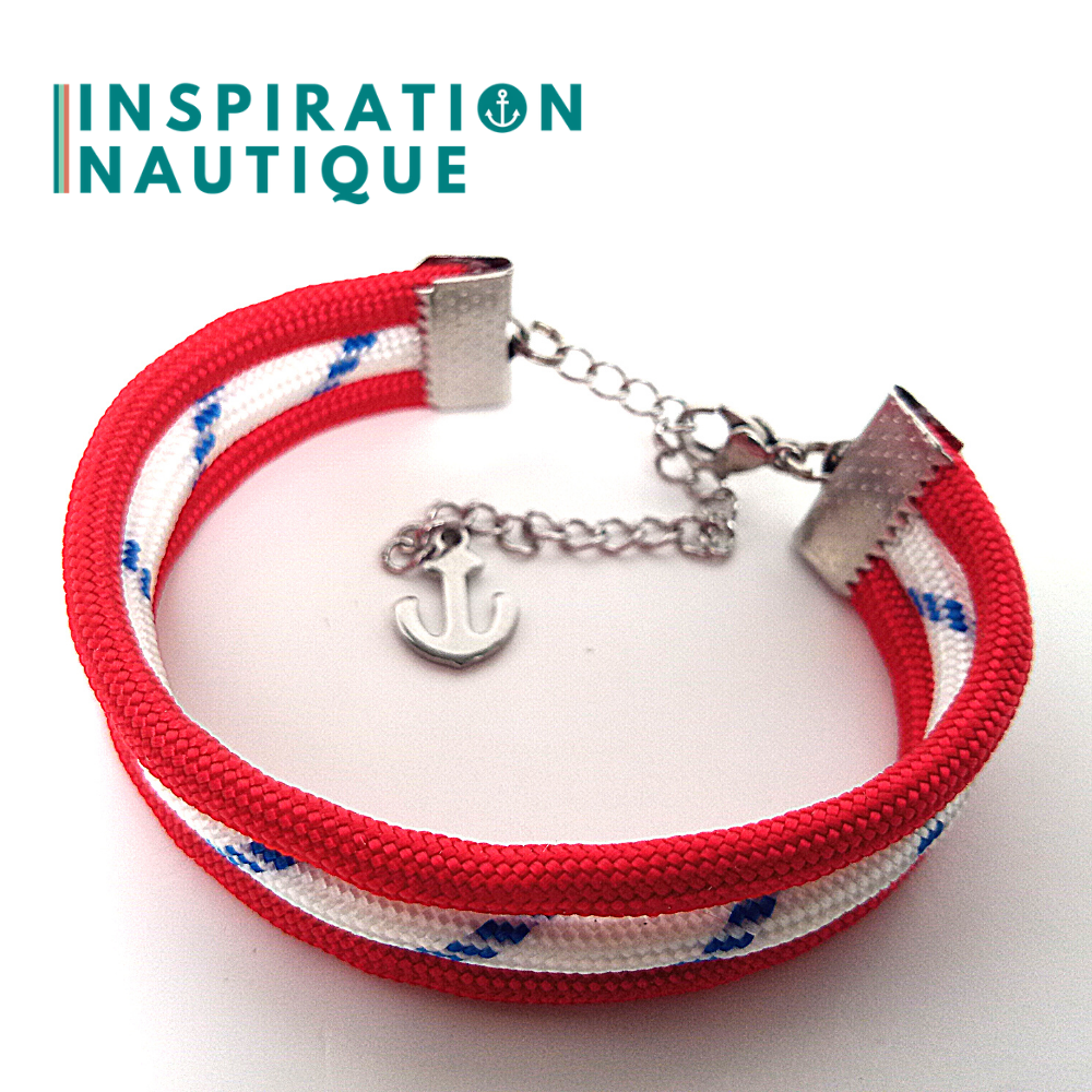 Bracelet marin triple rayures en paracorde 550 et acier inoxydable, Rouge et blanc avec traceur bleu, Small