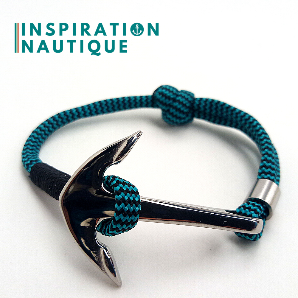 Bracelet marin avec ancre en paracorde 550 et acier inoxydable, ajustable, Turquoise et noir, zigzags