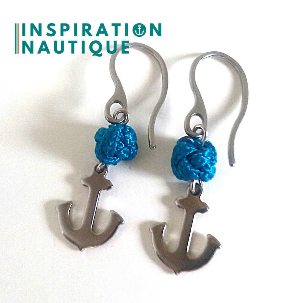 Boucles d'oreilles avec bille en corde et ancre en acier inoxydable, Bleues Caraïbes