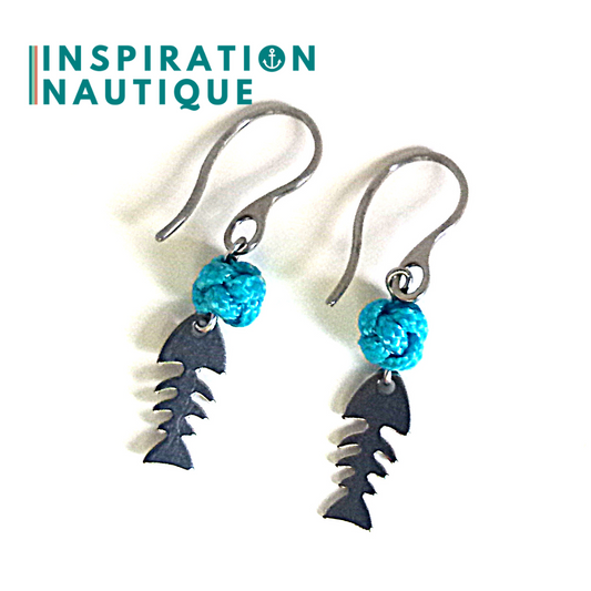 Boucles d'oreilles avec bille en corde et petit poisson en acier inoxydable, Turquoise