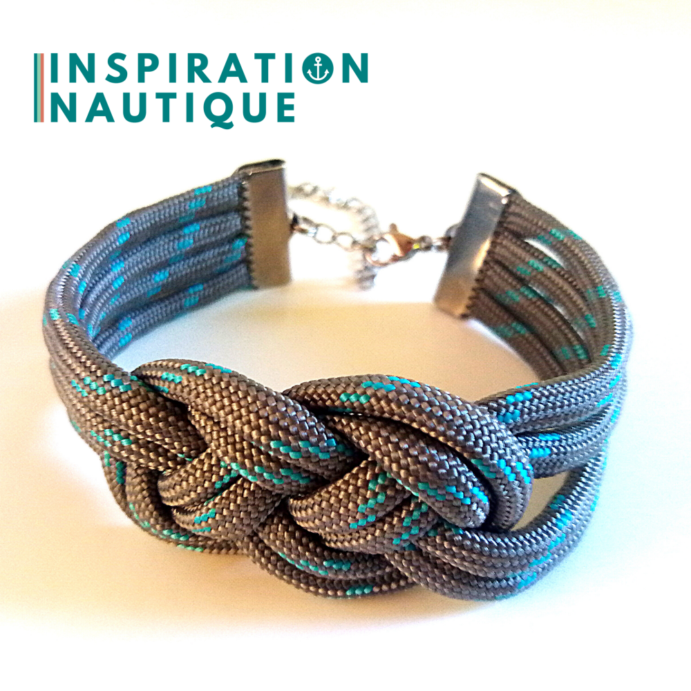 Bracelet marin avec noeud de carrick double, en paracorde 550 et acier inoxydable, Gris avec traceur turquoise, Medium