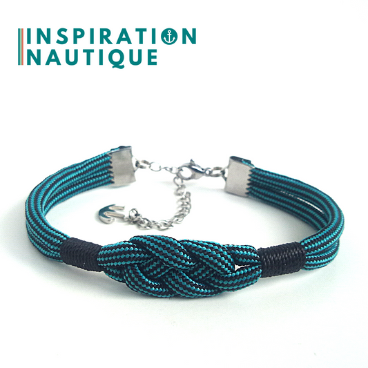 Bracelet marin avec noeud de carrick simple, en paracorde 550 et acier inoxydable, Turquoise et noir, ligné, surliure noire, Medium