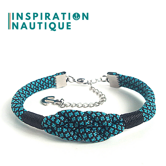 Bracelet marin avec noeud de carrick simple, en paracorde 550 et acier inoxydable, Turquoise et noir, diamants, Surliures noires, Medium
