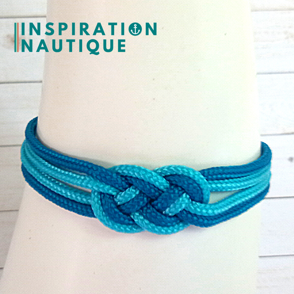 Bracelet marin avec mini noeud de carrick double unisexe, en petite paracorde et acier inoxydable, Turquoise et bleu Caraïbes