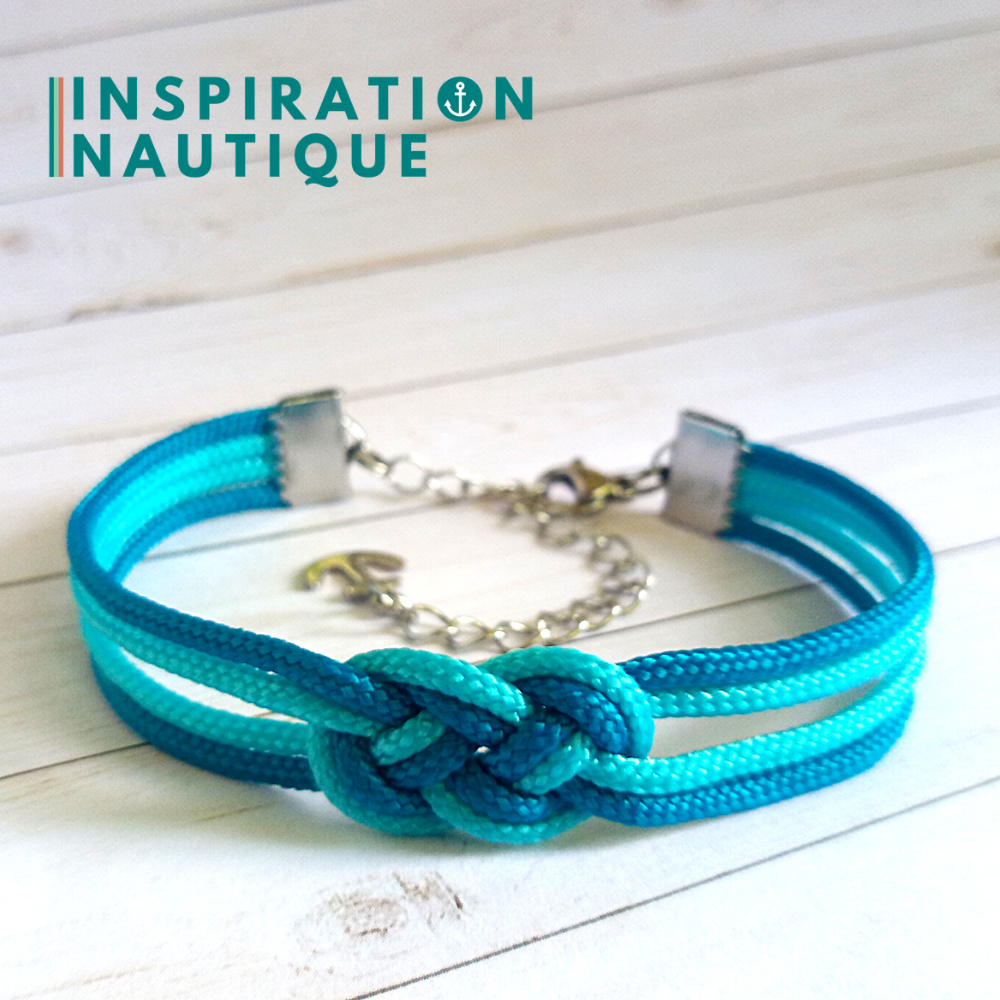 Bracelet marin avec mini noeud de carrick double unisexe, en petite paracorde et acier inoxydable, Turquoise et bleu Caraïbes