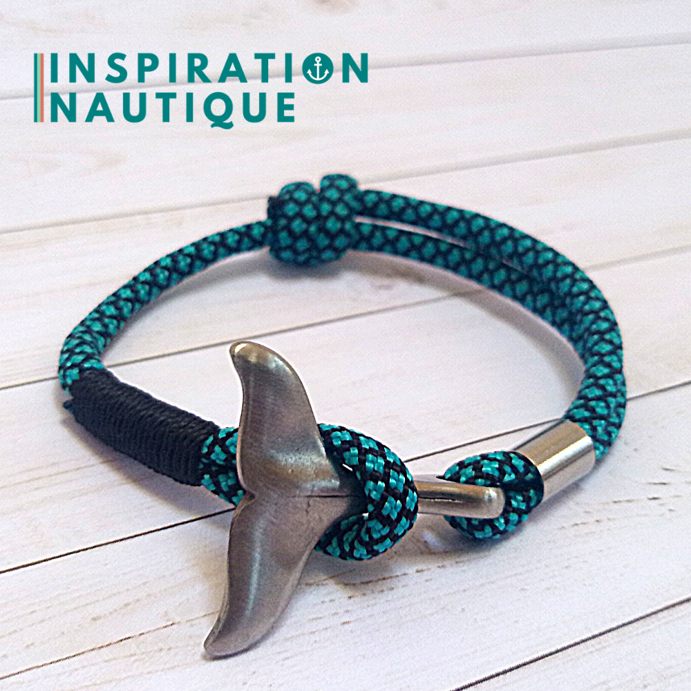 Bracelet marin avec queue de baleine en paracorde 550 et acier inoxydable, ajustable, Turquoise et noir, diamants, surliure noire, Medium