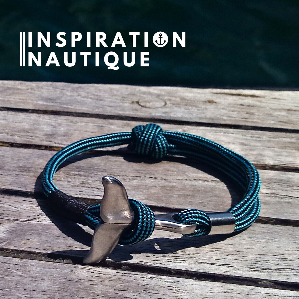 Bracelet marin avec queue de baleine pour femme ou homme en paracorde 550 et acier inoxydable, ajustable, Turquoise et noir, ligné