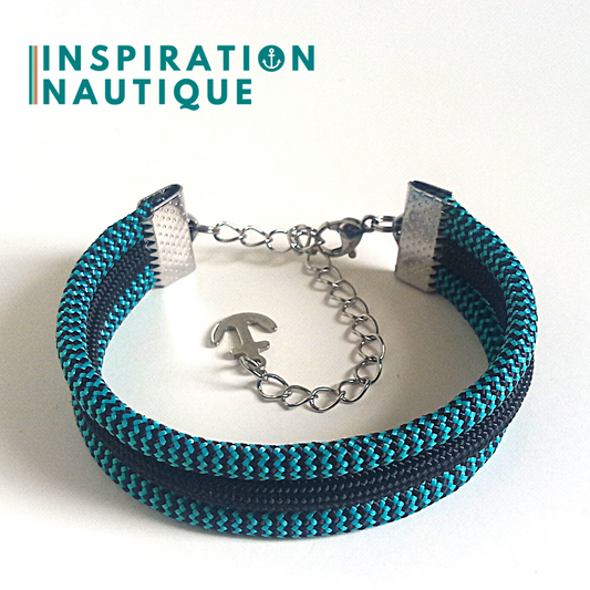 Bracelet marin triple rayures en paracorde 550 et acier inoxydable, Turquoise et noir, zigzags, avec accent noir, Small