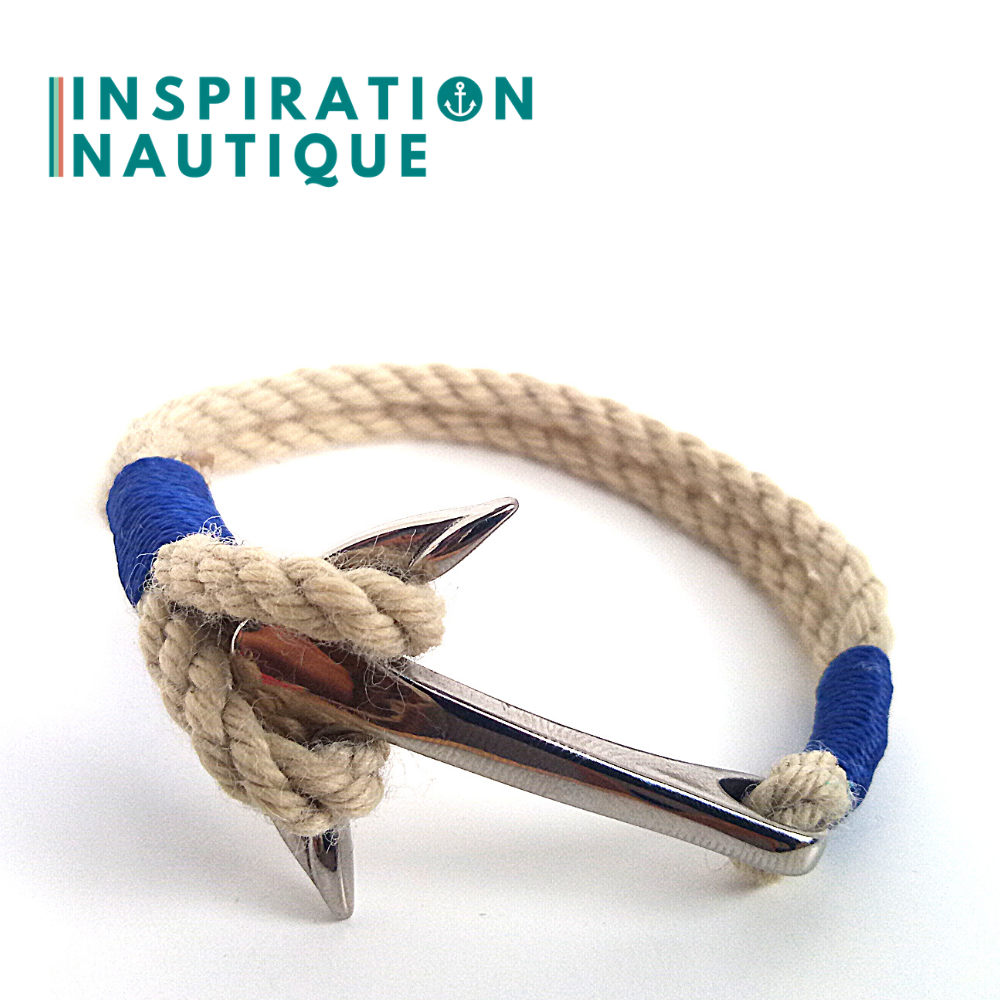 Marine bracelet with anchor for men or women in boat rope and stainless steel, Natural and classic colors