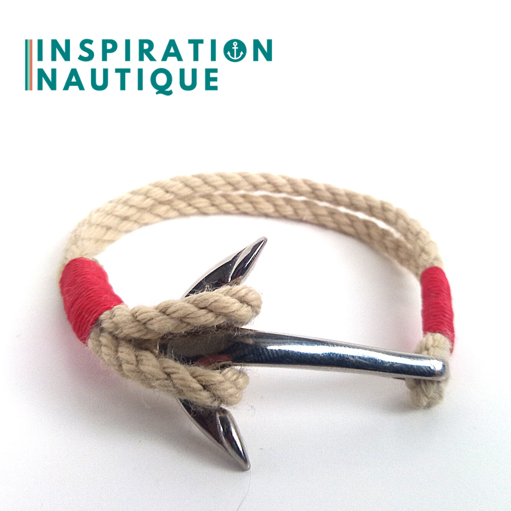 Marine bracelet with anchor for men or women in boat rope and stainless steel, Natural and classic colors