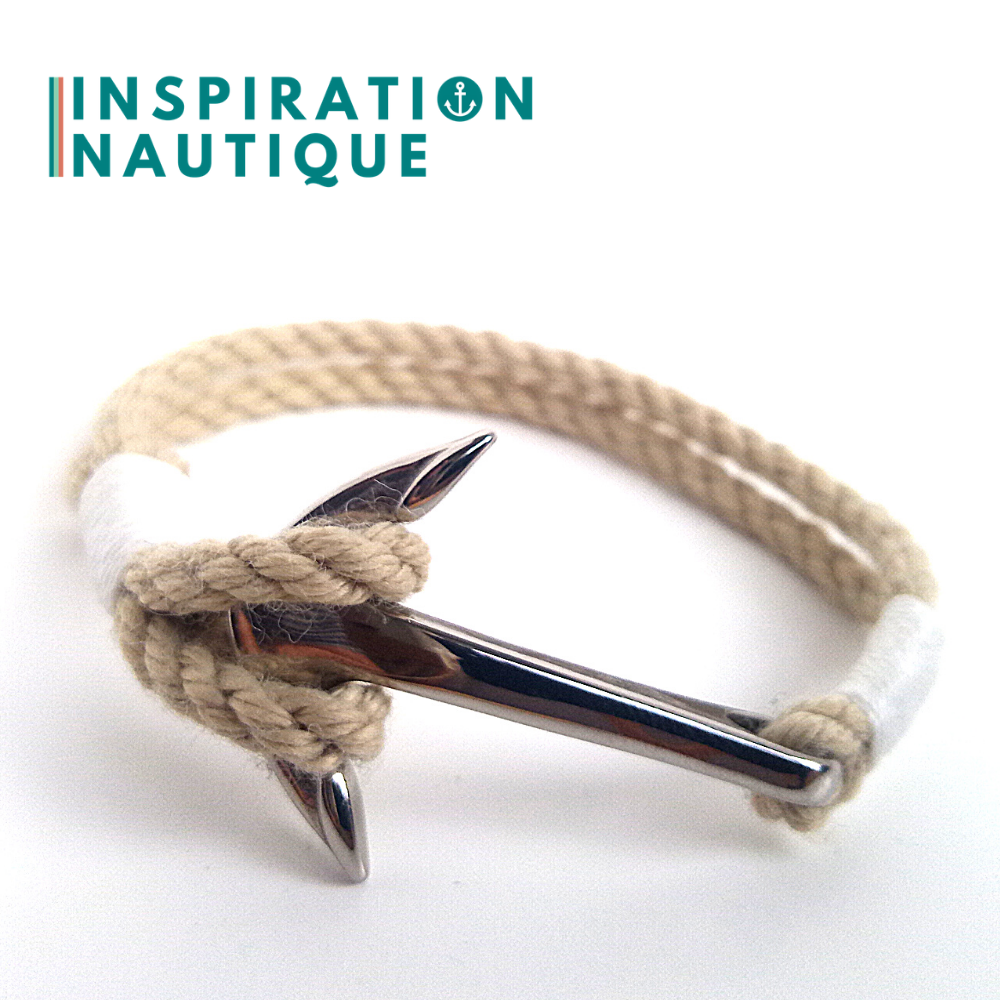 Marine bracelet with anchor for men or women in boat rope and stainless steel, Natural and classic colors
