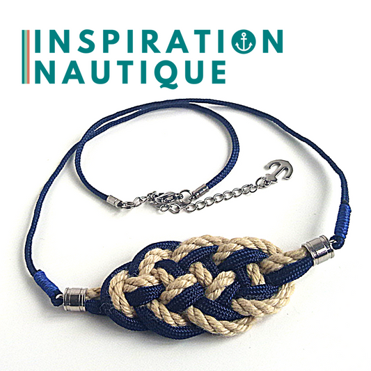 Collier marin avec noeud de carrick en cordage de bateau vintage, paracorde et acier inoxydable, Naturel et marine