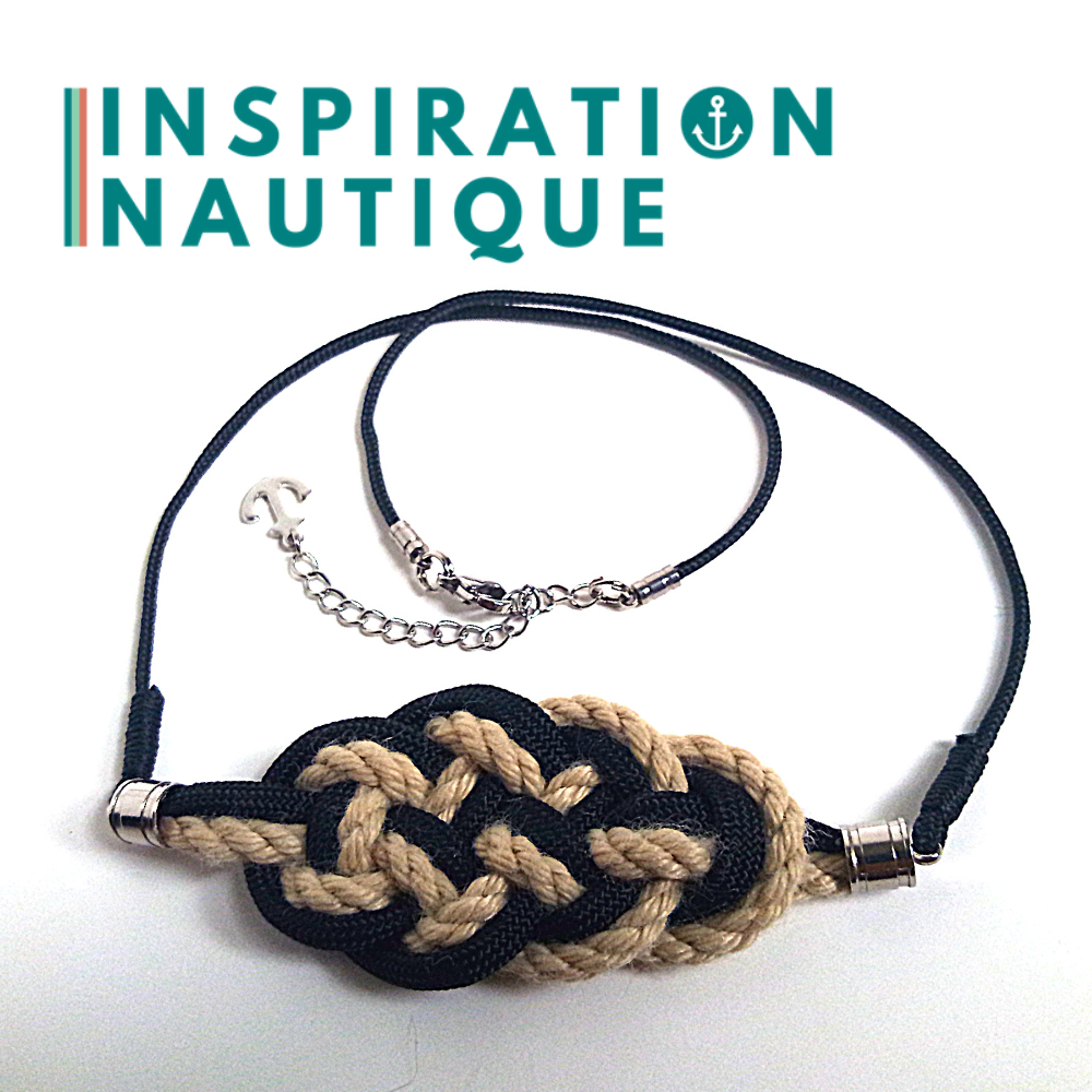 Collier marin avec noeud de carrick en cordage de bateau vintage, paracorde et acier inoxydable, Naturel et noir