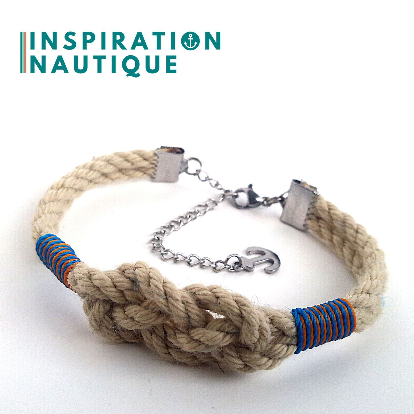 Bracelet marin avec noeud de carrick simple unisexe, en cordage de bateau authentique et acier inoxydable, Naturel et couleurs maritimes