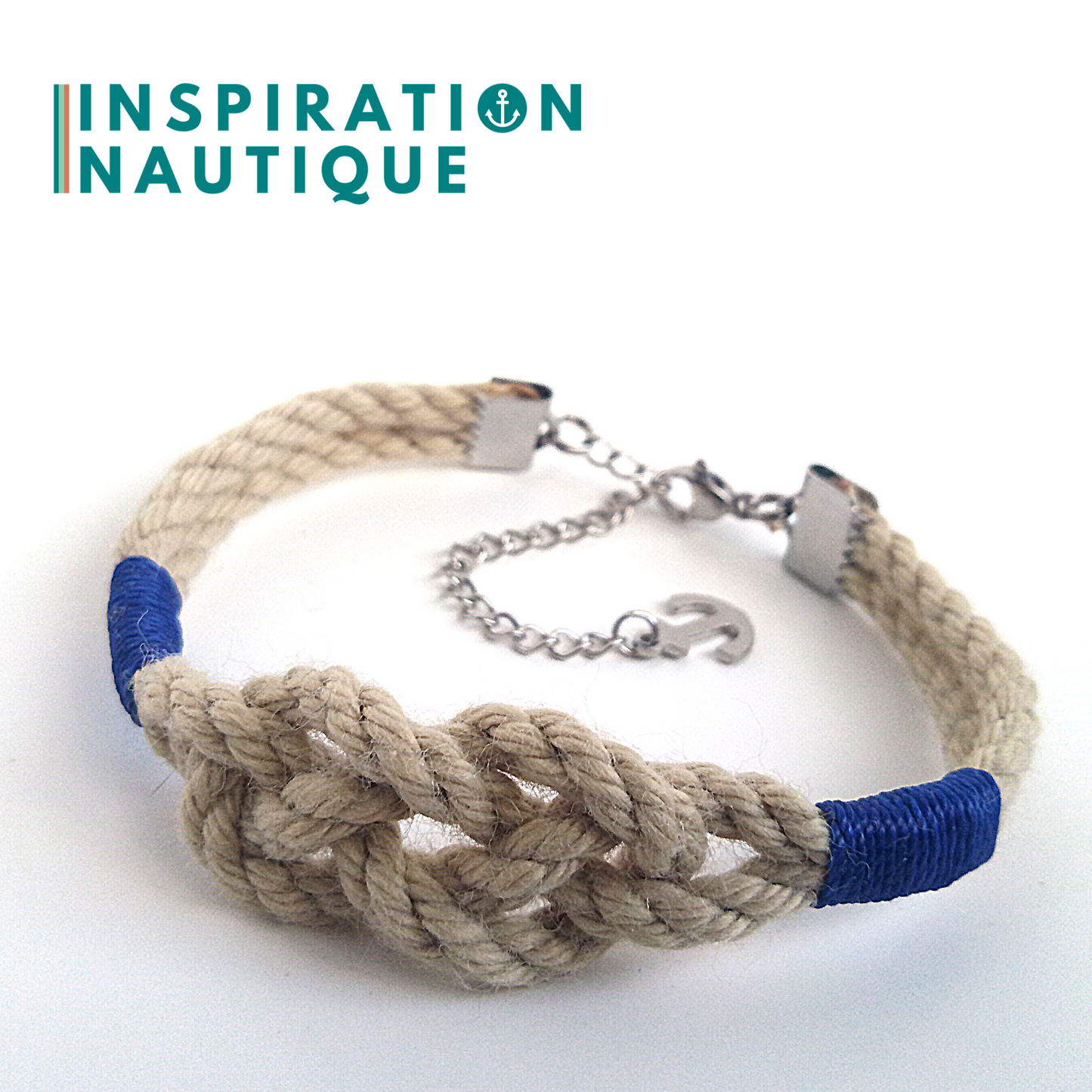 Bracelet marin avec noeud de carrick simple unisexe, en cordage de bateau authentique et acier inoxydable, Naturel et couleurs classiques