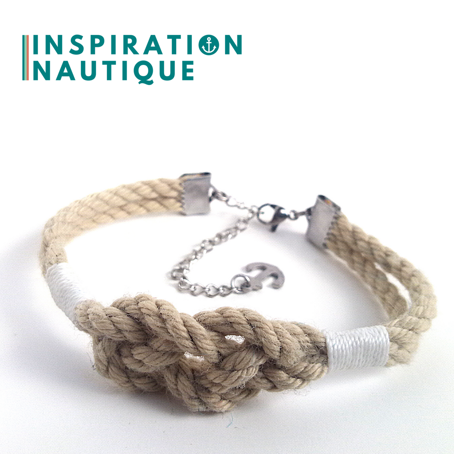Bracelet marin avec noeud de carrick simple unisexe, en cordage de bateau authentique et acier inoxydable, Naturel et couleurs classiques