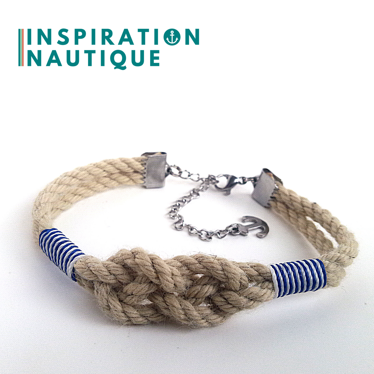 Bracelet marin avec noeud de carrick simple, en cordage de bateau et acier inoxydable, Naturel, Surliures marines et blanches, Medium