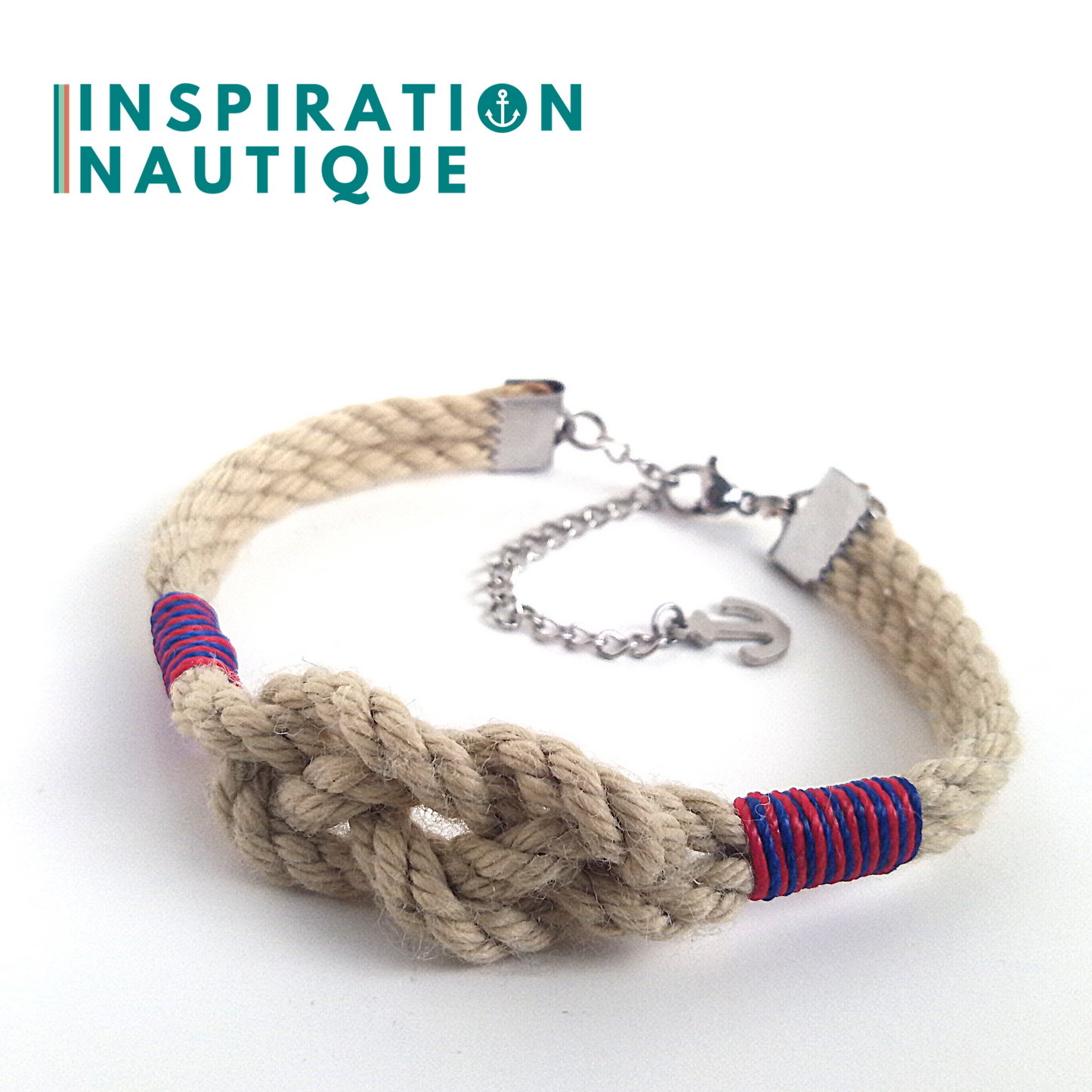 Bracelet marin avec noeud de carrick simple unisexe, en cordage de bateau authentique et acier inoxydable, Naturel et couleurs classiques