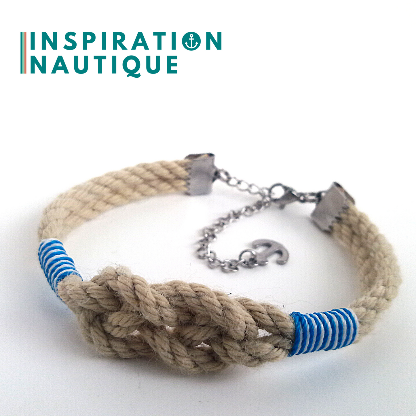 Bracelet marin avec noeud de carrick simple unisexe, en cordage de bateau authentique et acier inoxydable, Naturel et couleurs maritimes
