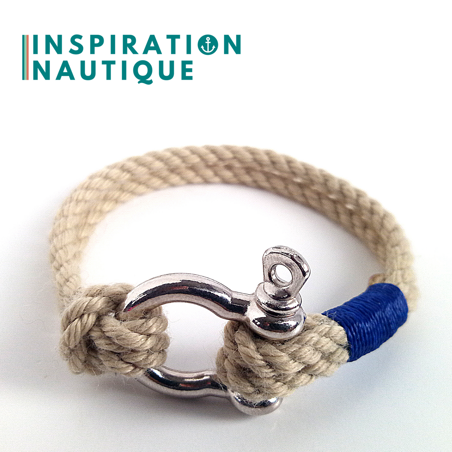Bracelet marin avec manille en cordage de bateau authentique et acier inoxydable, naturel et couleurs classiques