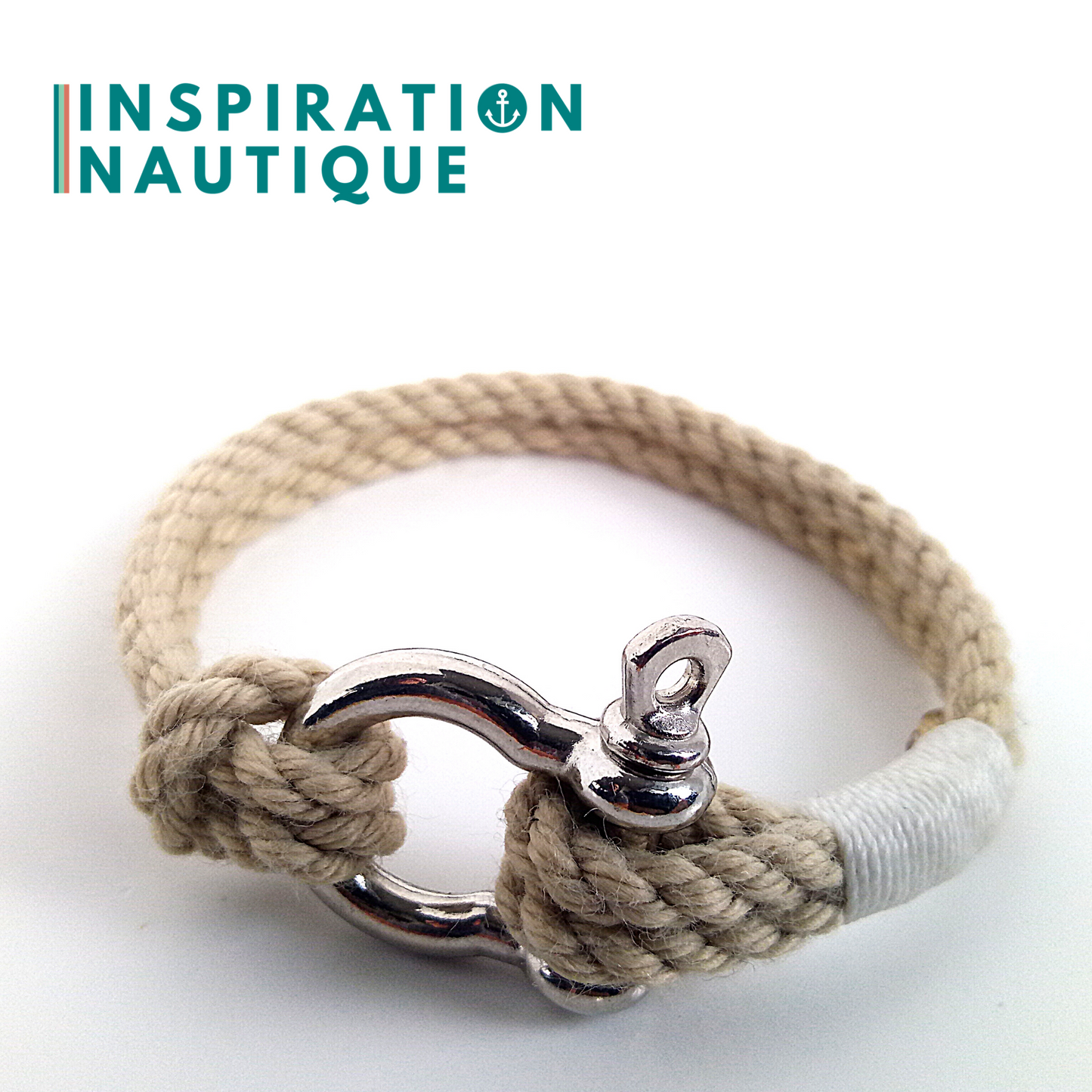 Bracelet marin avec manille en cordage de bateau authentique et acier inoxydable, naturel et couleurs classiques