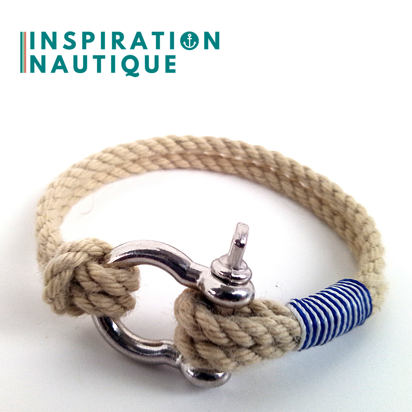 Bracelet marin avec manille en cordage de bateau authentique et acier inoxydable, naturel et couleurs classiques