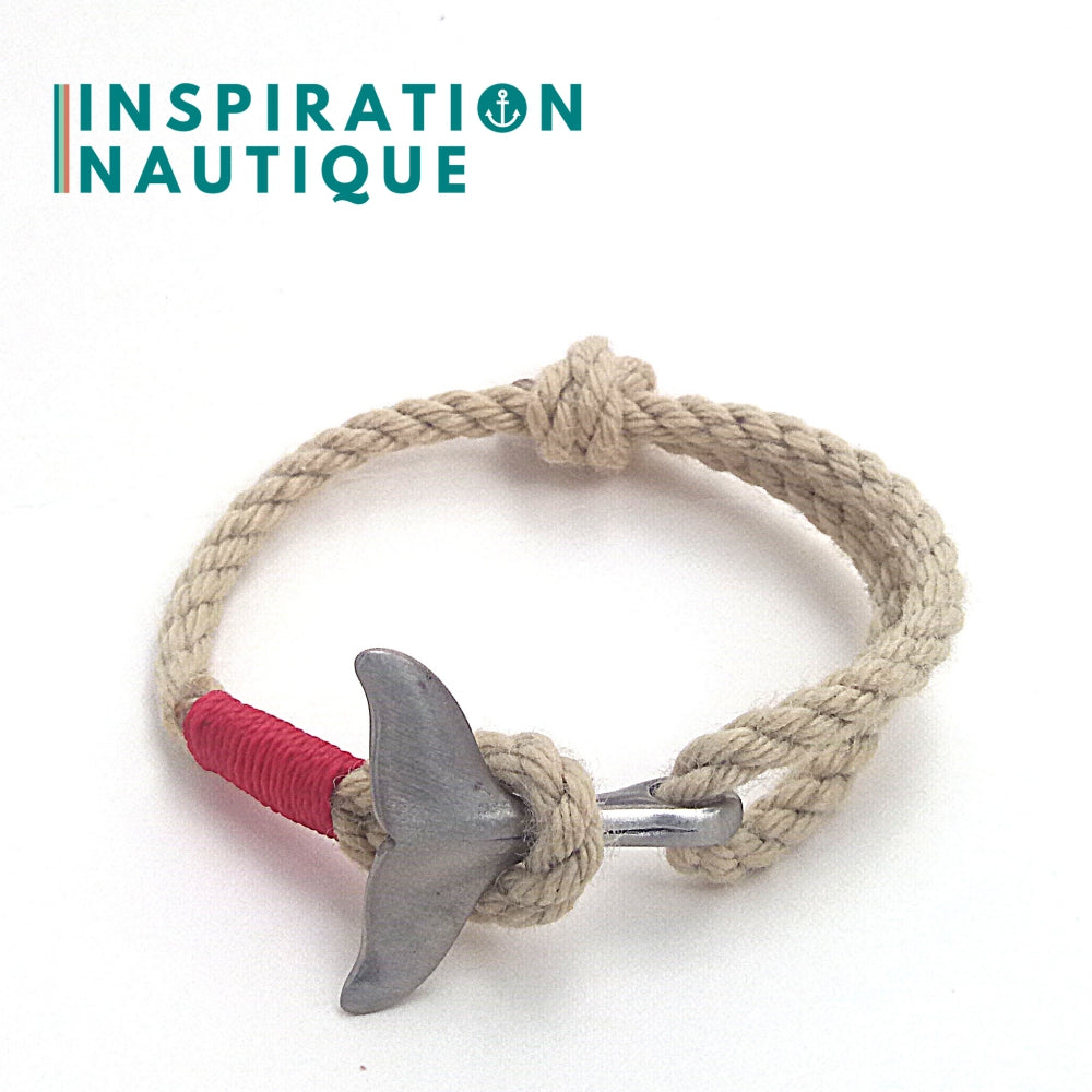 Bracelet marin avec queue de baleine pour femme ou homme en cordage de bateau vintage et acier inoxydable, ajustable, Naturel et couleurs classiques