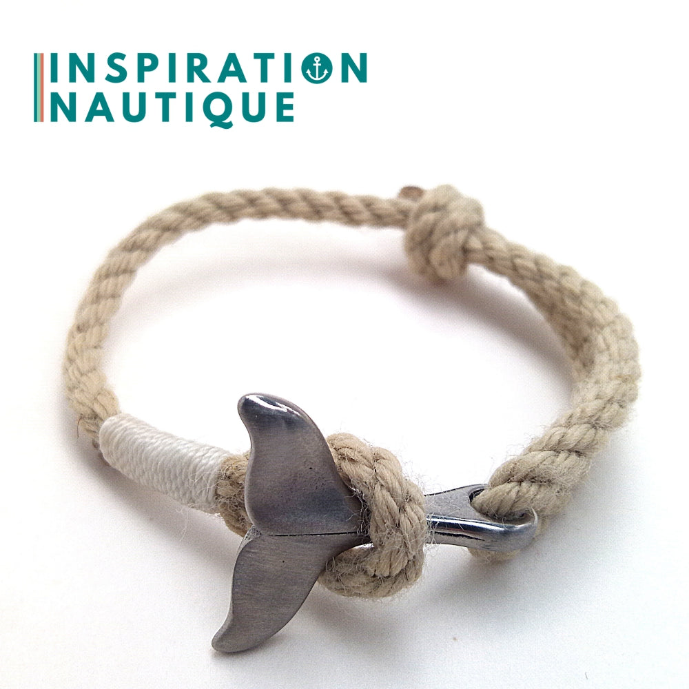 Bracelet marin avec queue de baleine pour femme ou homme en cordage de bateau vintage et acier inoxydable, ajustable, Naturel et couleurs classiques