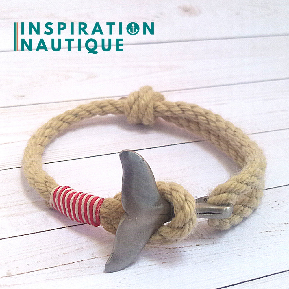 Bracelet marin avec queue de baleine pour femme ou homme en cordage de bateau vintage et acier inoxydable, ajustable, Naturel et couleurs classiques