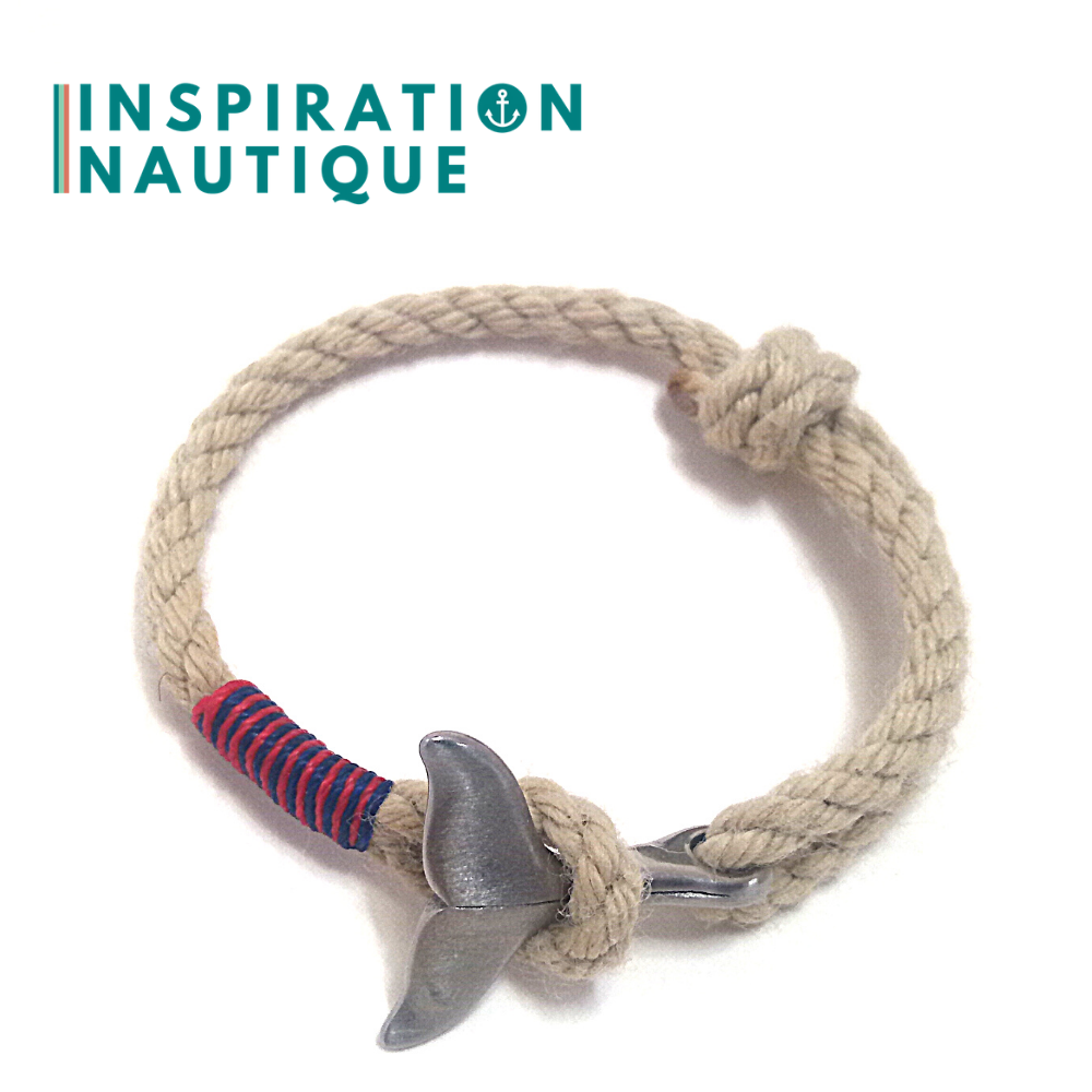 Bracelet marin avec queue de baleine pour femme ou homme en cordage de bateau vintage et acier inoxydable, ajustable, Naturel et couleurs classiques