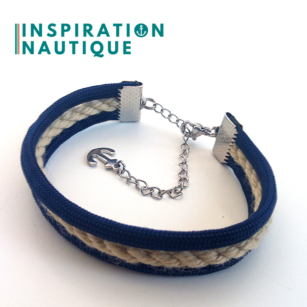 Bracelet marin triple rayures en cordage de bateau vintage et paracorde et acier inoxydable, naturel et marine