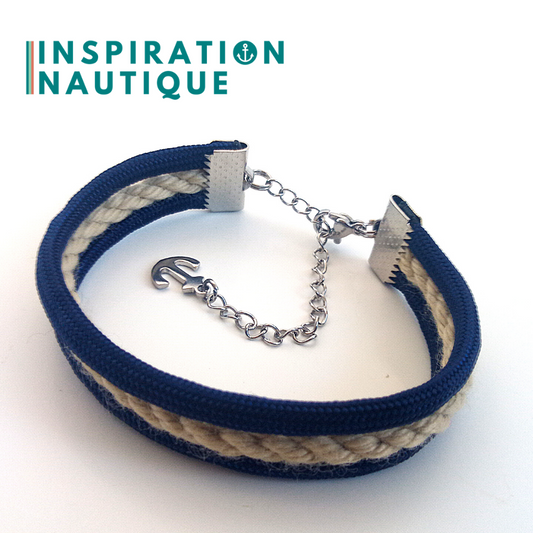 Bracelet marin triple rayures en cordage de bateau vintage et paracorde et acier inoxydable, Naturel et marine, Medium