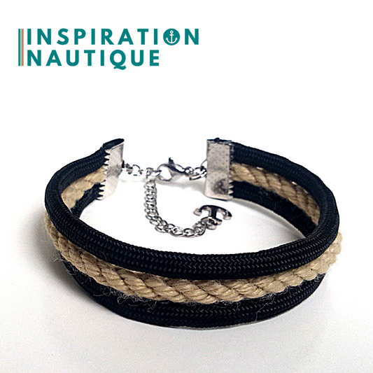 Bracelet marin triple rayures en cordage de bateau authentique et paracorde et acier inoxydable, naturel et noir, Medium