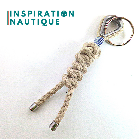 Porte-clé noeud de sifflet de bosco et noeud de serpent en cordage vintage, Naturel, Surliure marine et blanche