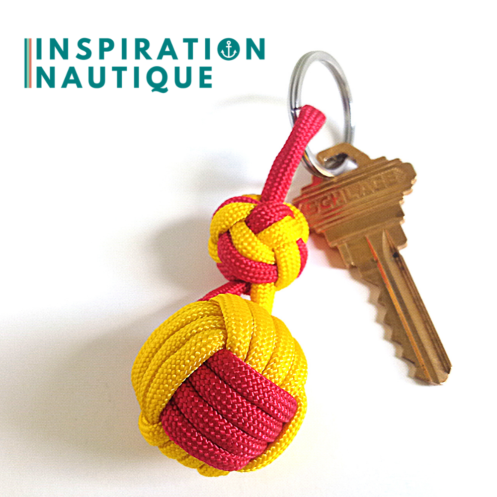 Porte-clé noeud poing de singe et double noeud de sifflet de bosco, Rouge et jaune