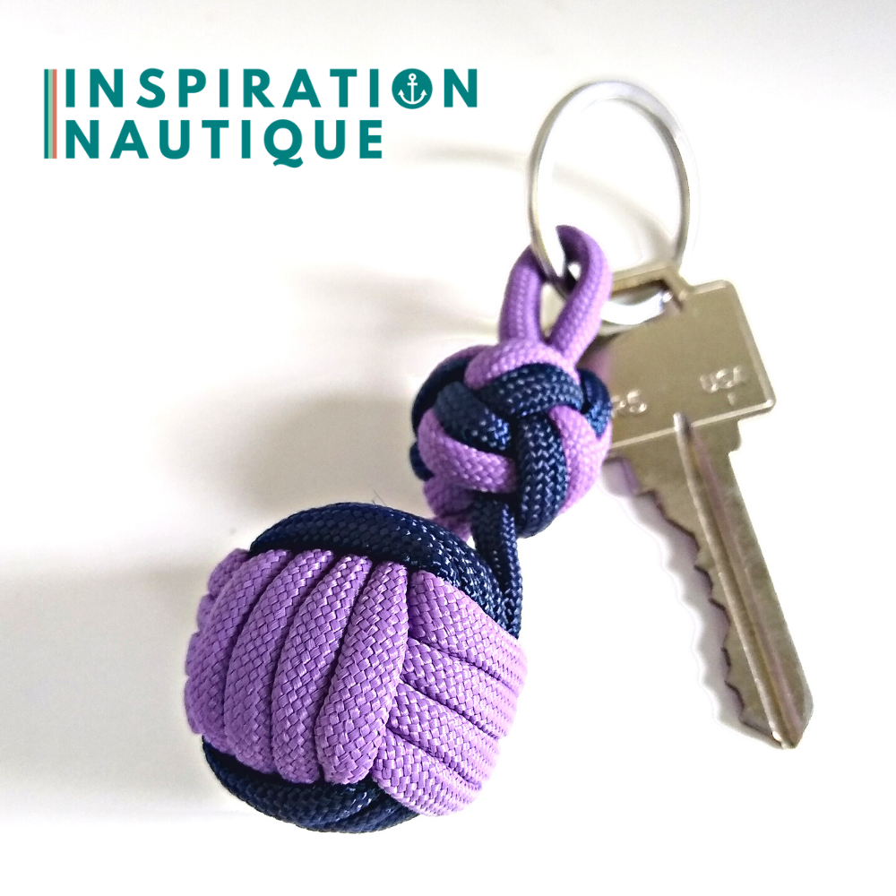 Key ring monkey fist knot and double boatswain's whistle knot, lilac and navy