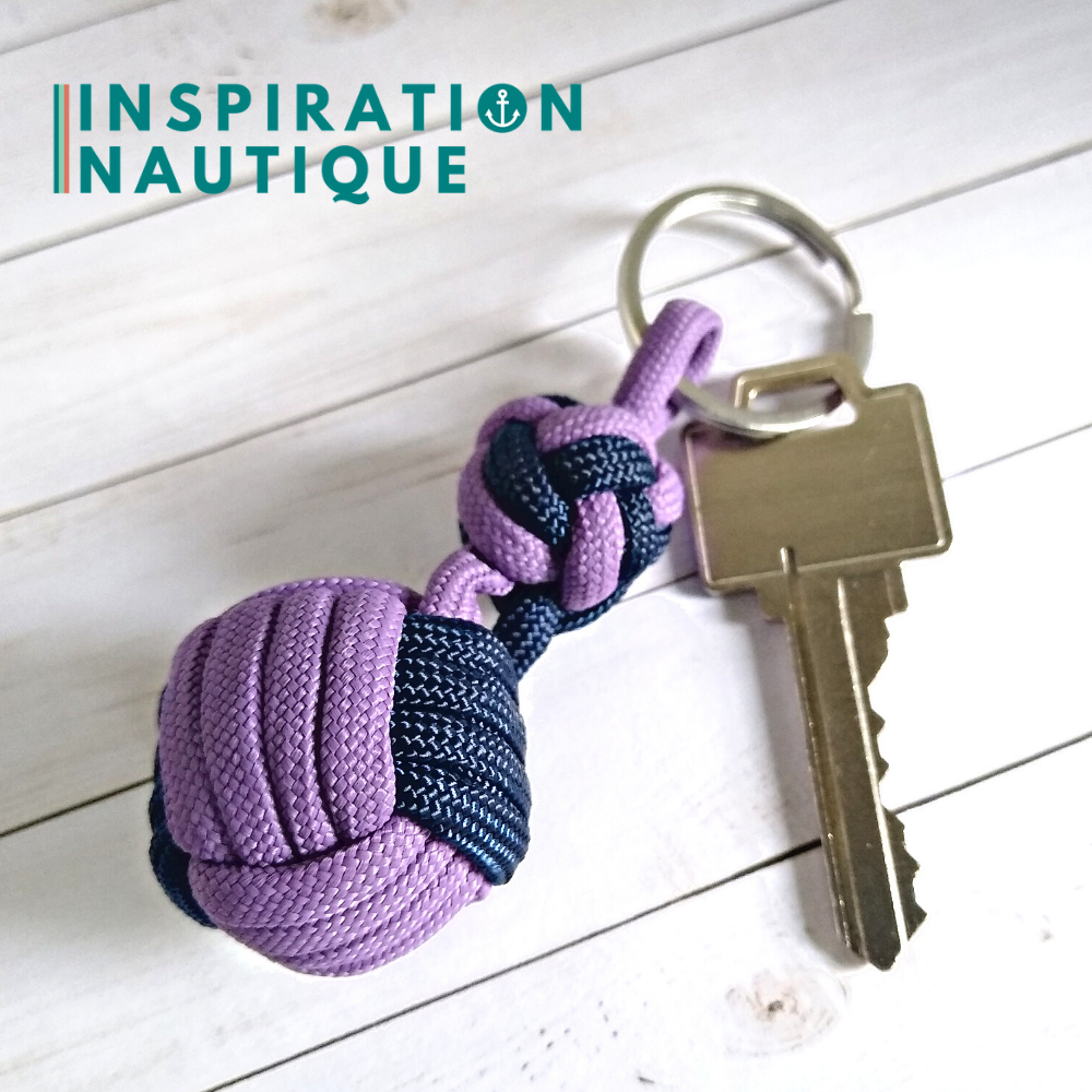 Key ring monkey fist knot and double boatswain's whistle knot, lilac and navy