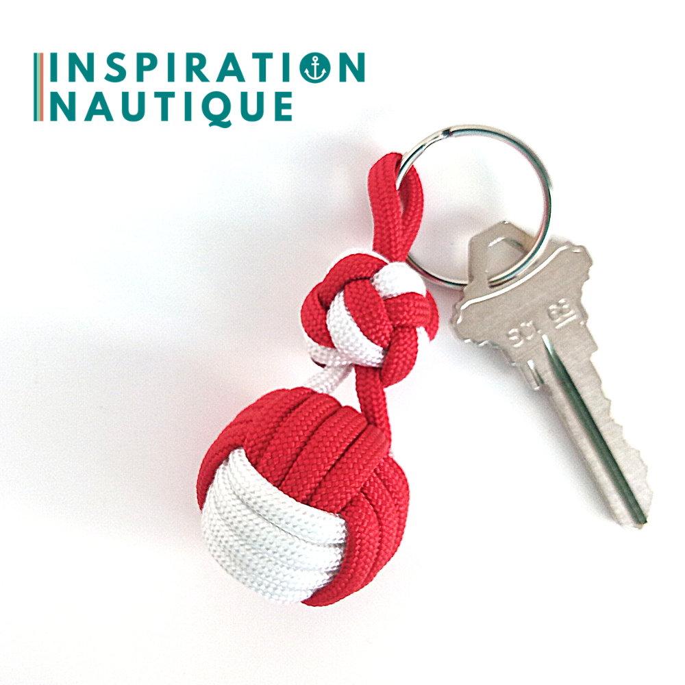 Key ring monkey fist knot and double bosun's whistle knot, Red and white