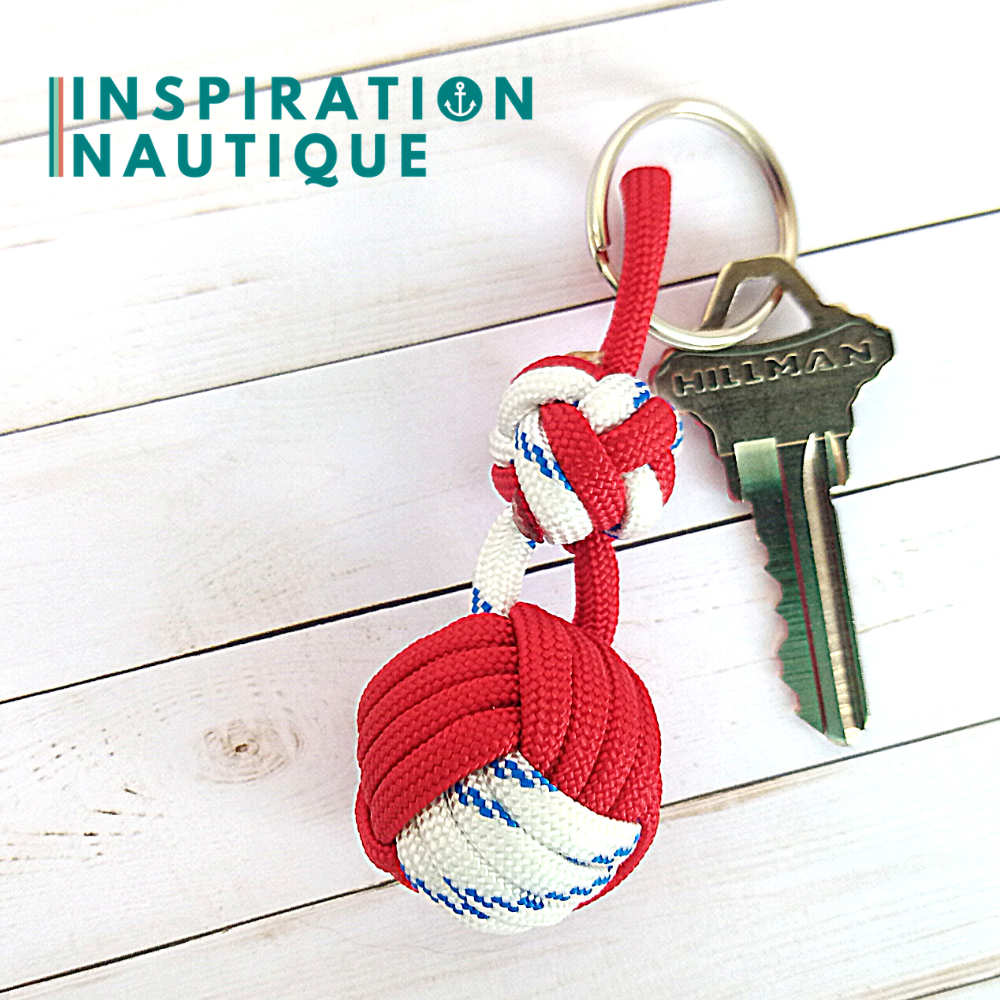 Key ring monkey fist knot and double bosun's whistle knot, Red and white with blue tracer