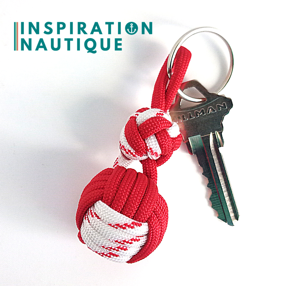 Porte-clé noeud poing de singe et double noeud de sifflet de bosco, Rouge et blanc avec traceur rouge