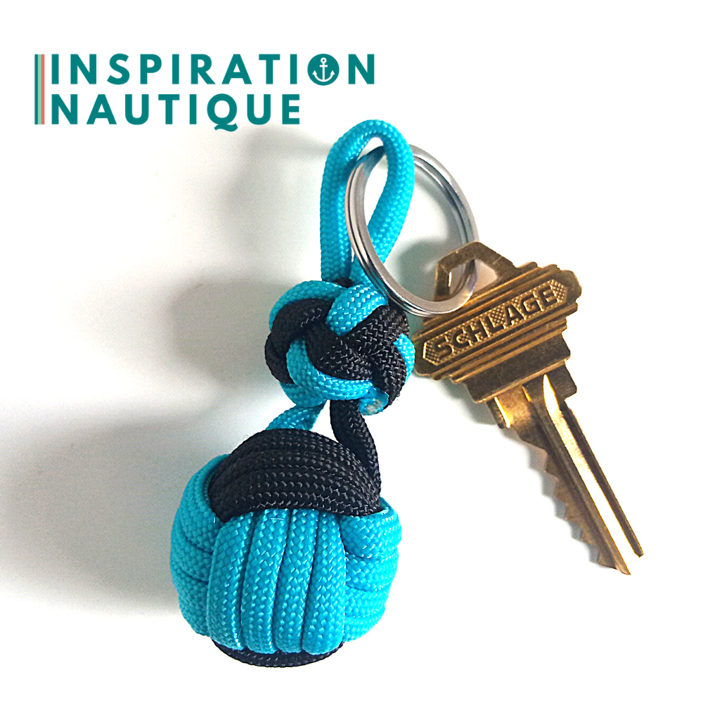 Porte-clé noeud poing de singe et double noeud de sifflet de bosco, Turquoise et noir