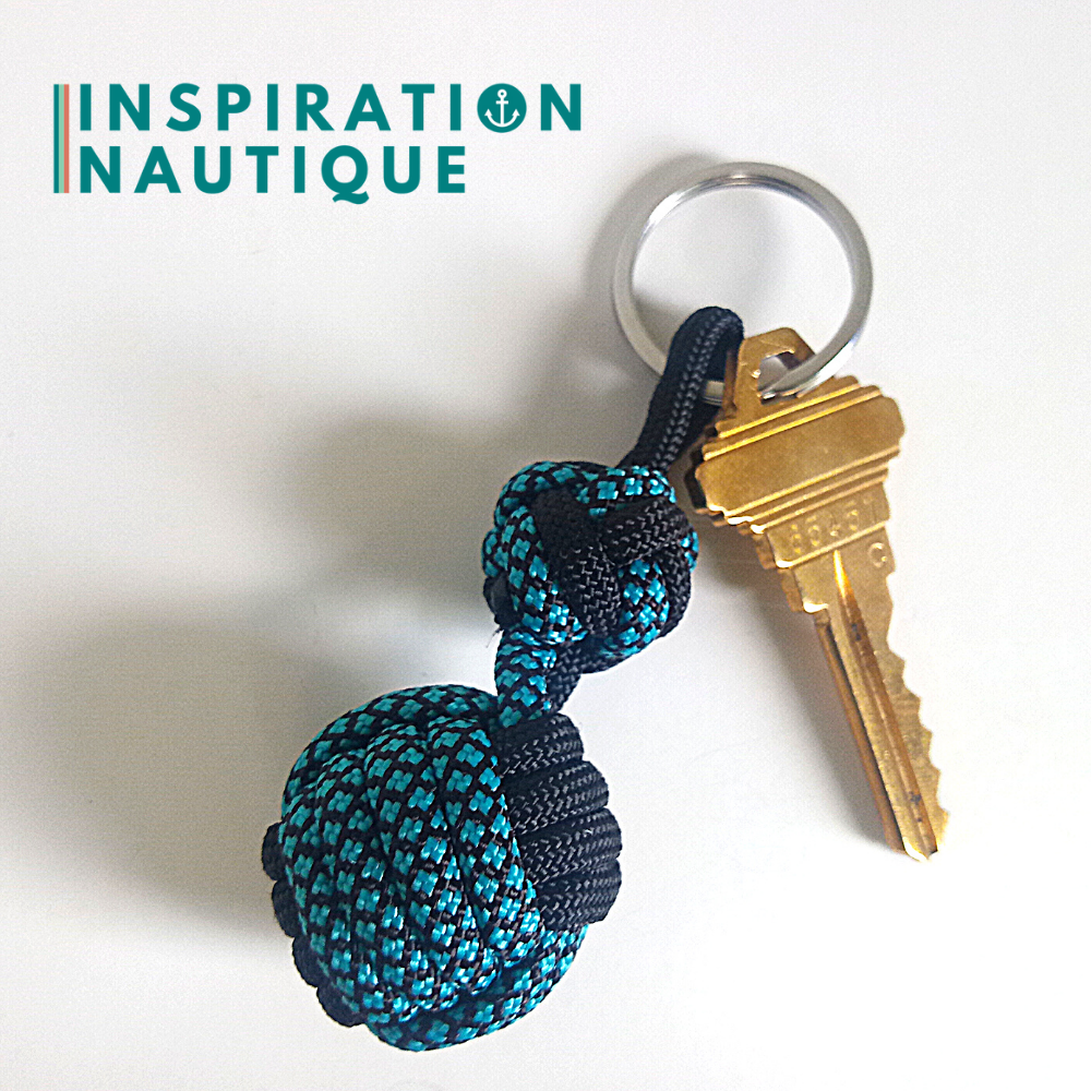 Porte-clé noeud poing de singe et double noeud de sifflet de bosco, Turquoise et noir, diamants, avec accent noir