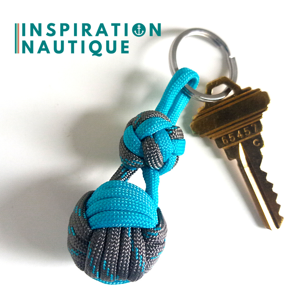 Porte-clé noeud poing de singe et double noeud de sifflet de bosco, Gris avec traceur turquoise et turquoise