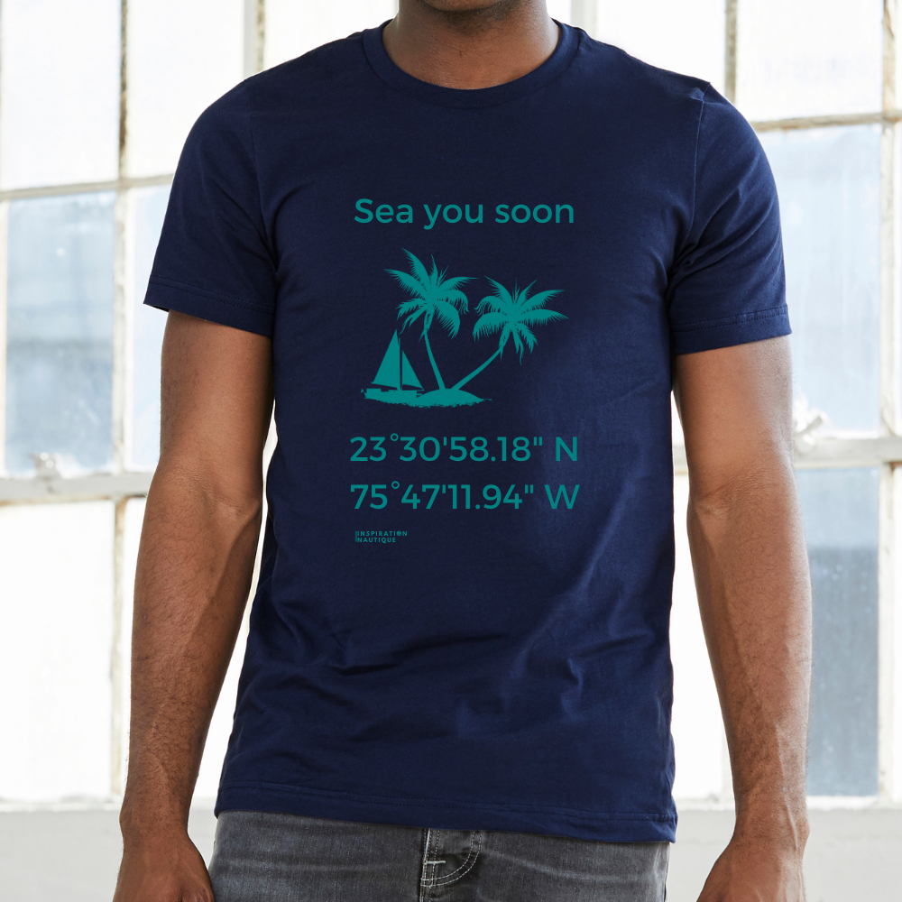 Unisex t-shirt: Sea you soon (sailboat and island) - Teal visual
