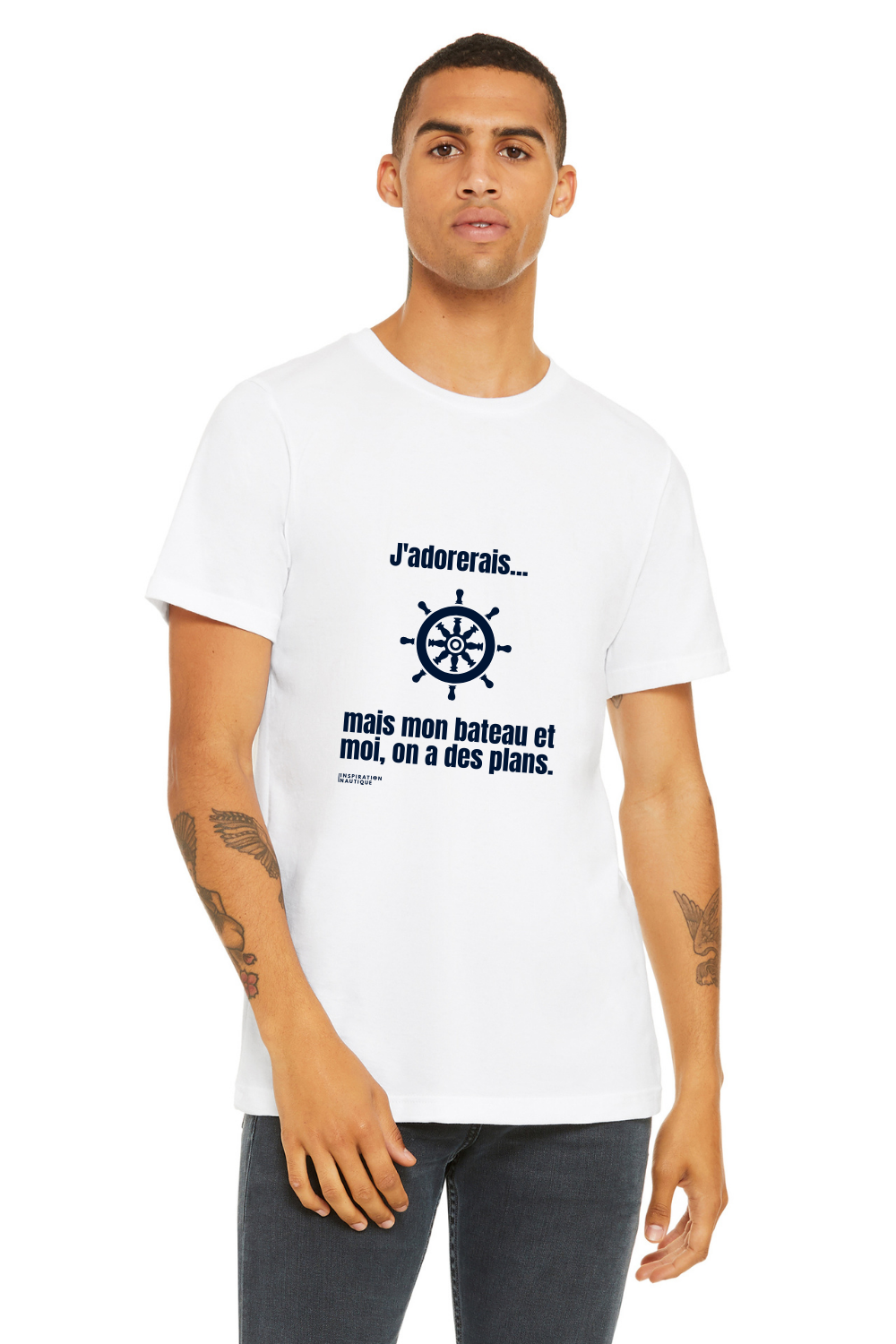 T-shirt unisexe col rond - J'adorerais... mais mon bateau et moi, on a des plans (roue) - Visuel marine