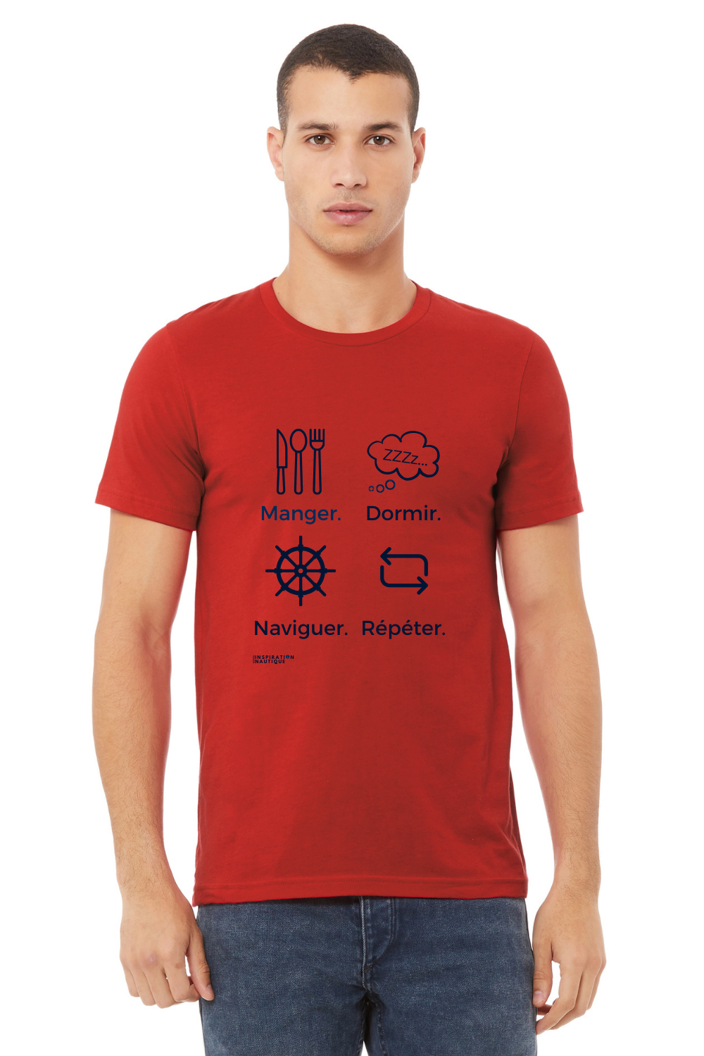 T-shirt unisexe col rond - Manger, dormir, naviguer, répéter (roue) - Visuel marine