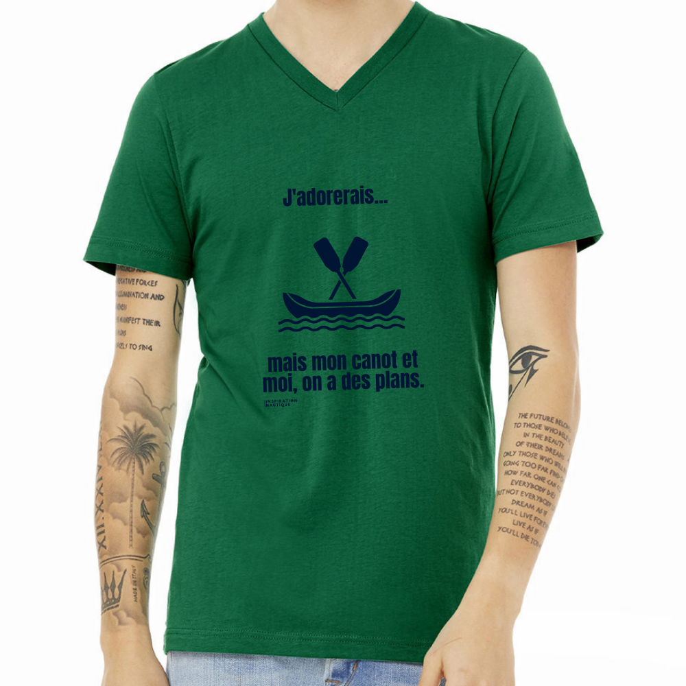 T-shirt unisexe col en V - J'adorerais... mais mon canot et moi, on a des plans - Visuel marine