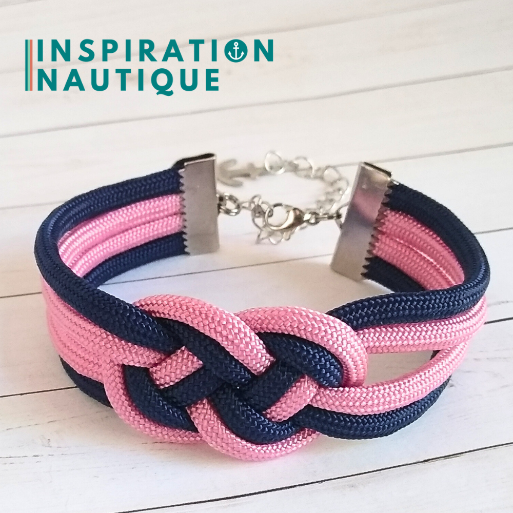Bracelet marin avec noeud de carrick double, Rose lavande et marine, Medium