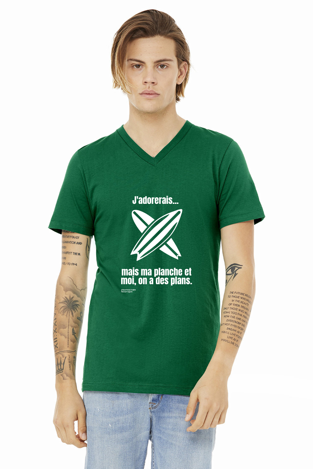 T-shirt unisexe col en V - J'adorerais... mais ma planche et moi, on a des plans - Visuel blanc